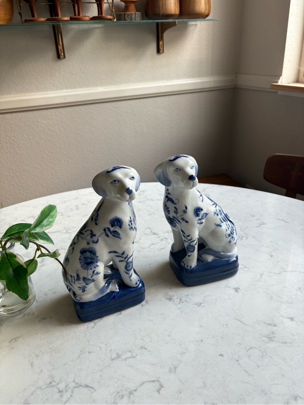 Vintage Blue and White Floral Ceramic Dog Figurines - Pair